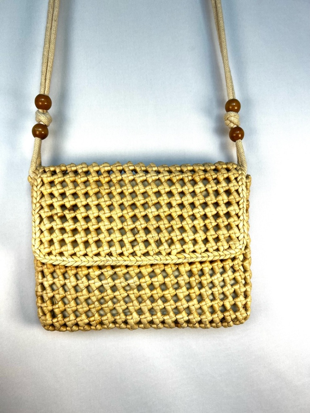 Vintage Woven Straw Crossbody Bag Boho Raffia Beaded Strap
